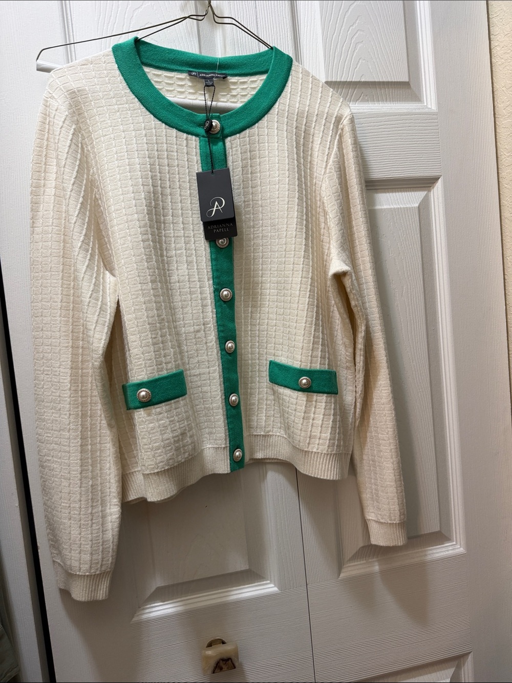 Adrienne Vittadini Cream Knit Cardigan with Green Trim and Pearl Buttons